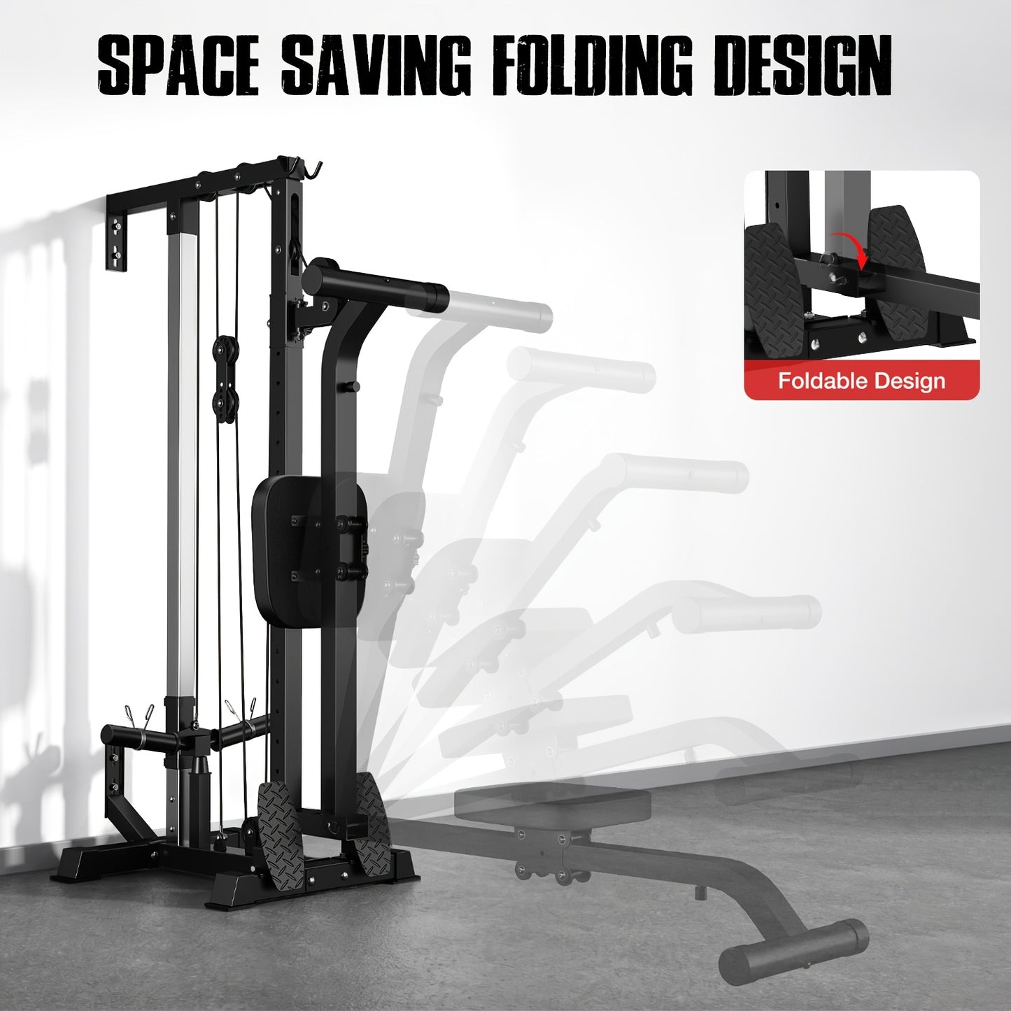 SmartVoro wall mounted cable machine complete package showing machine with included attachments: lat bar, tricep rope, triangle handle, straight bar and spring clips