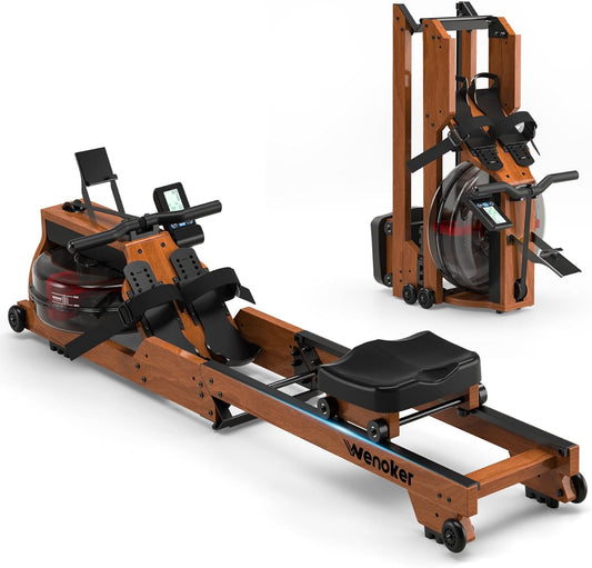 Alt Text: SmartVoro wooden rowing machine with water resistance, foldable design for space-saving, and smart LCD monitor for professional home workouts.