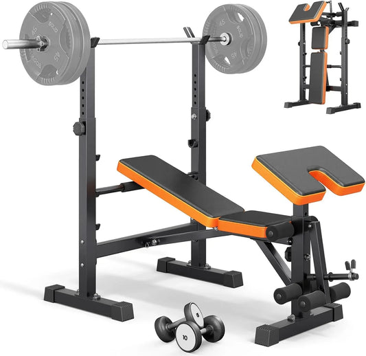 Adjustable weight bench with barbell rack and preacher curl pad for home gym strength training