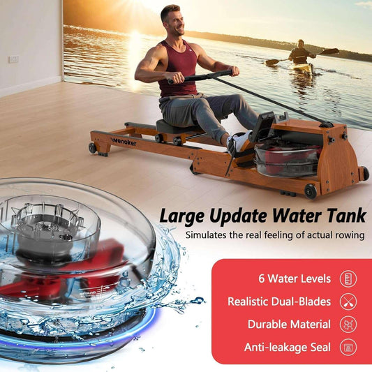 Alt Text: SmartVoro wooden rowing machine with water resistance, foldable design for space-saving, and smart LCD monitor for professional home workouts.