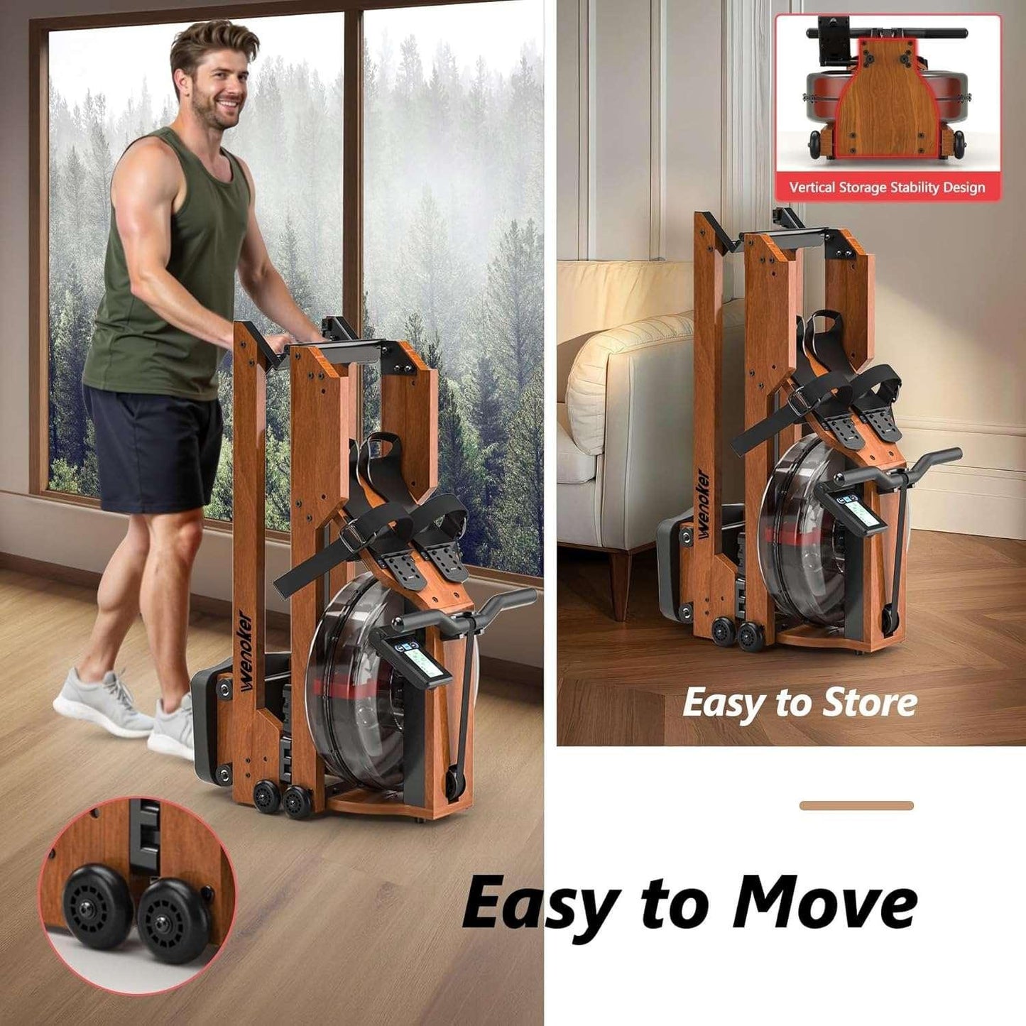 Alt Text: SmartVoro wooden rowing machine with water resistance, foldable design for space-saving, and smart LCD monitor for professional home workouts.