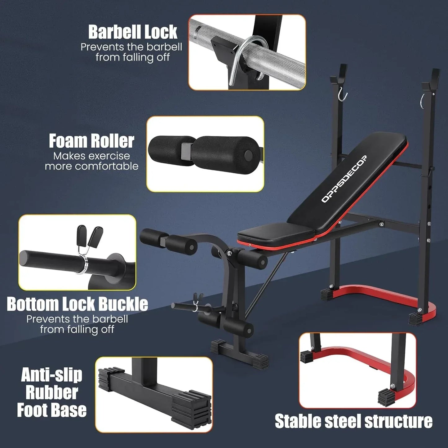 Fitness bench with arm curl pad and barbell rack for strength training workout