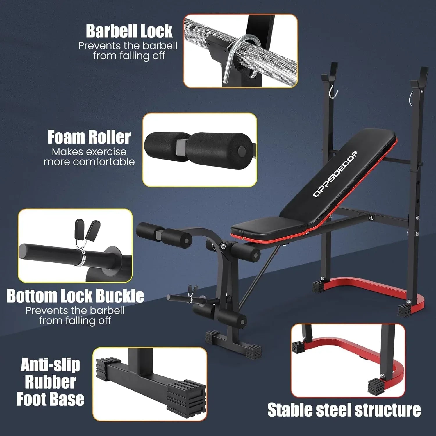 Fitness bench with arm curl pad and barbell rack for strength training workout