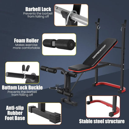 Fitness bench with arm curl pad and barbell rack for strength training workout