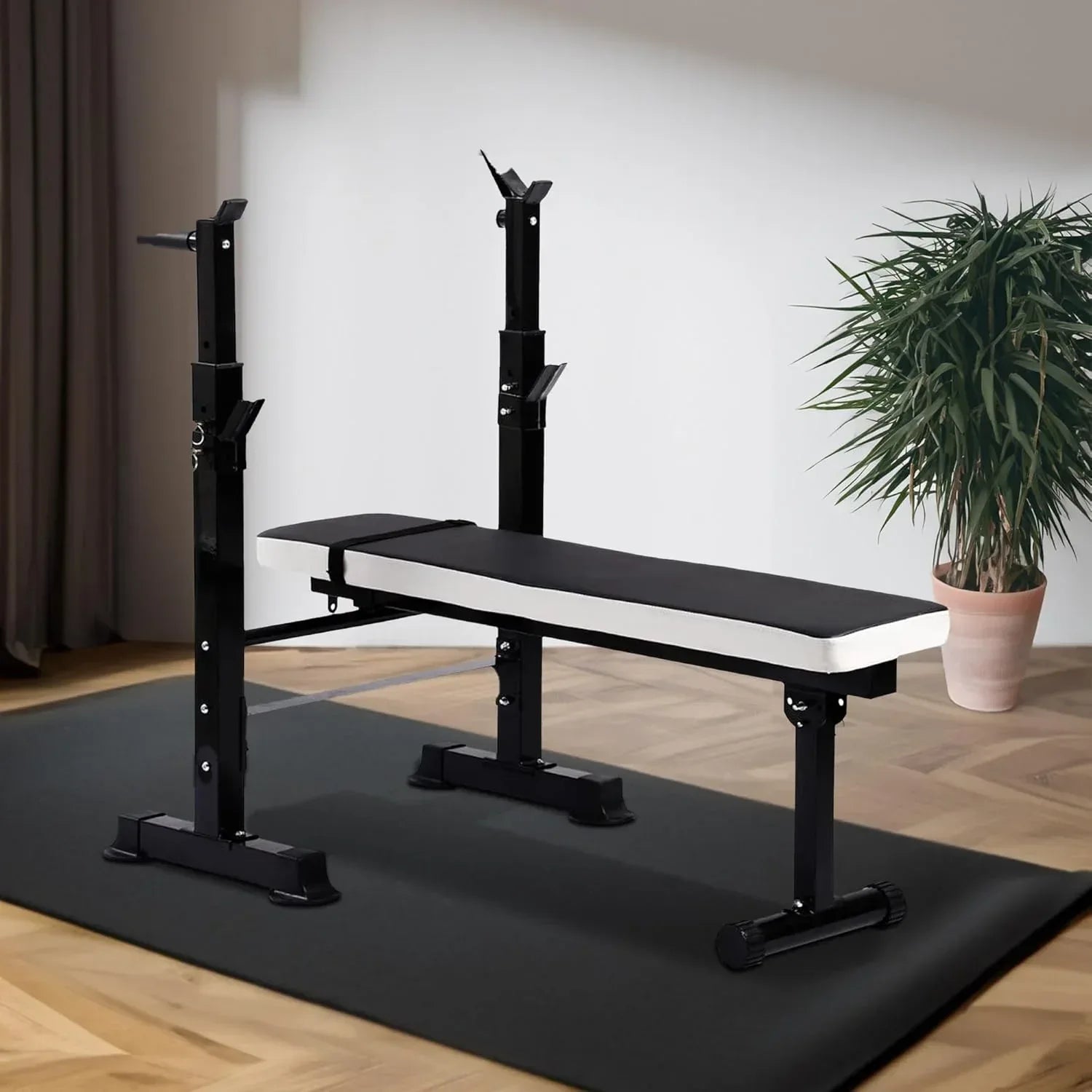 Heavy duty flat weight bench with barbell stand for bench press workout