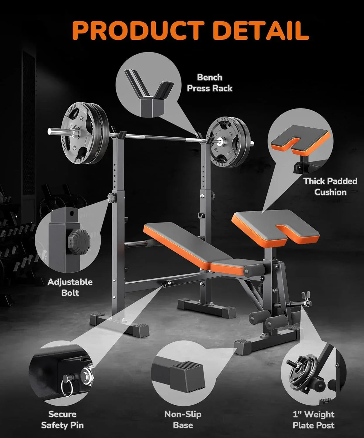 Heavy duty home gym weight bench set with barbell stand and preacher curl attachment