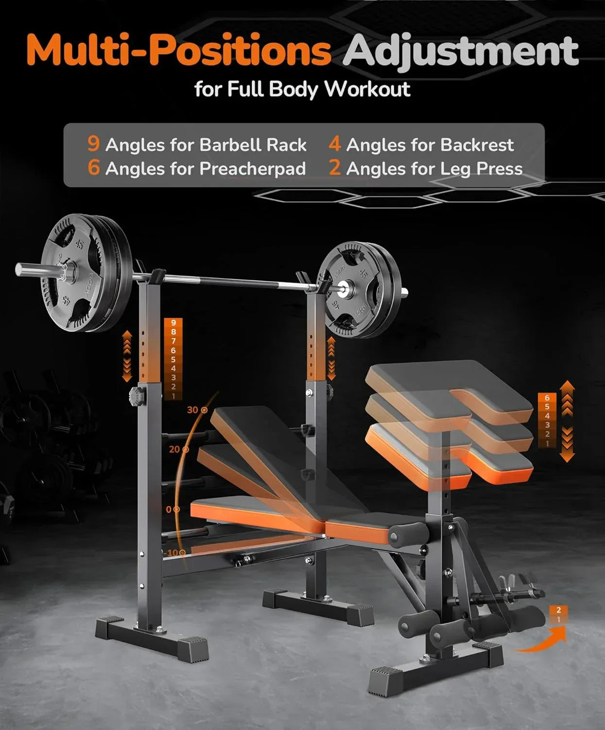 Multi function workout bench press station with leg developer and adjustable incline bench