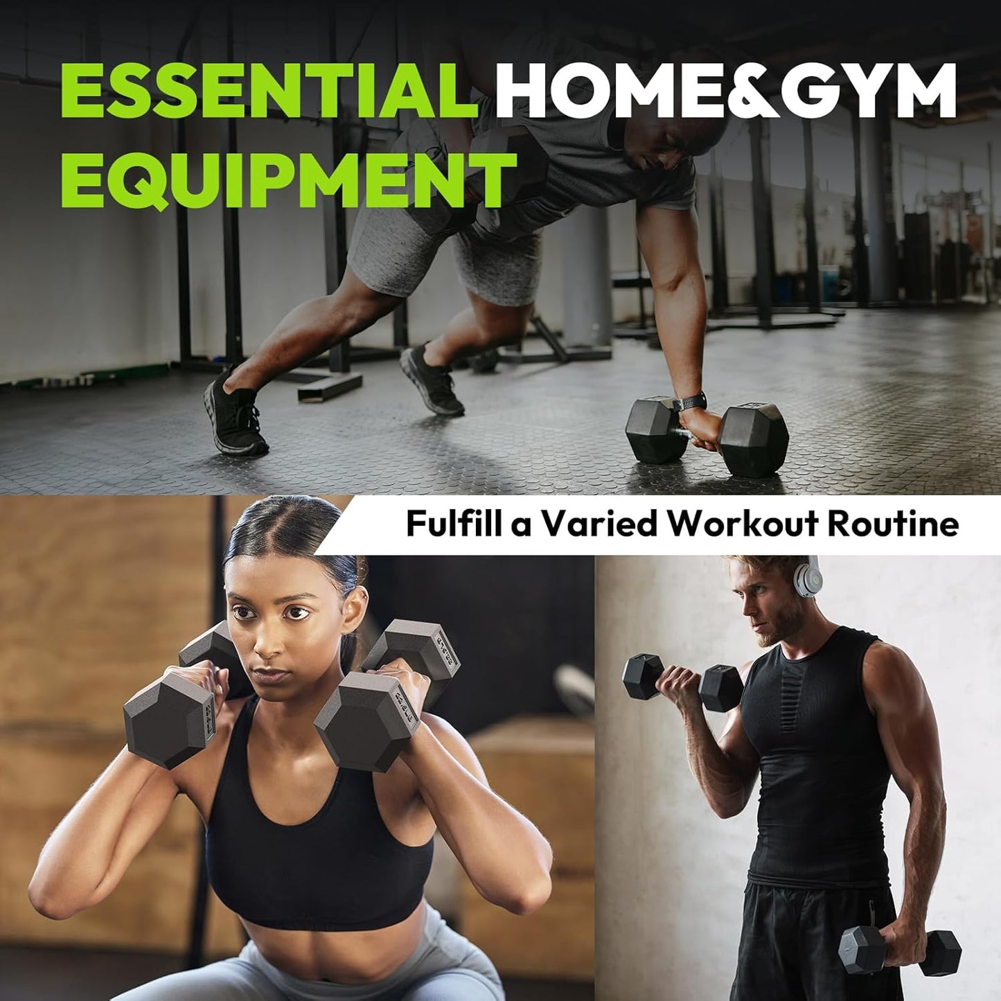 Neon green hex 100 LB dumbbell set with compact A-frame rack — 5 pairs 5 to 15 lbs SmartVoro home gym free USA shipping