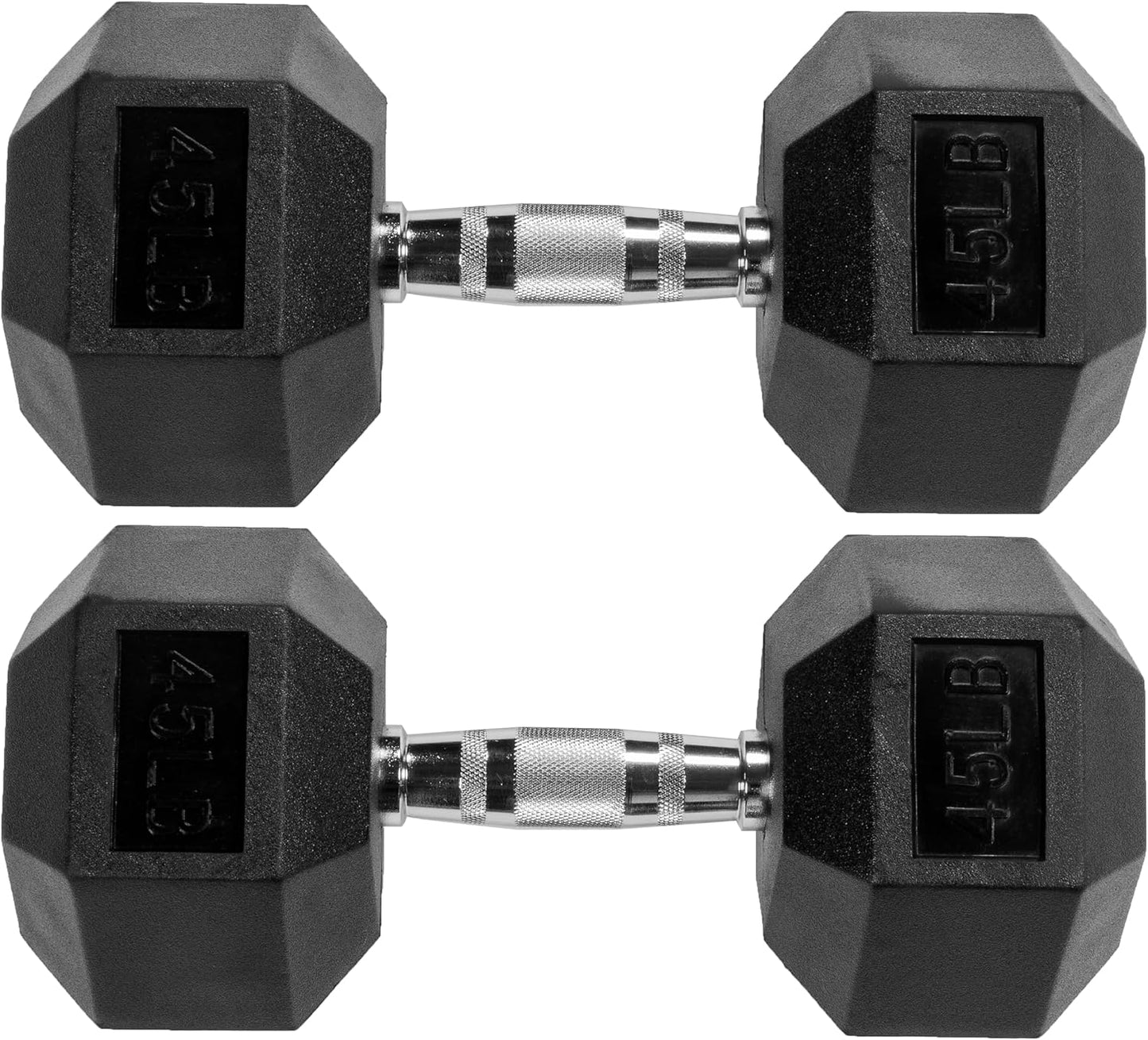  Pair of SmartVoro 45 lb hex dumbbells top angle — maximum strength home gym dumbbell set