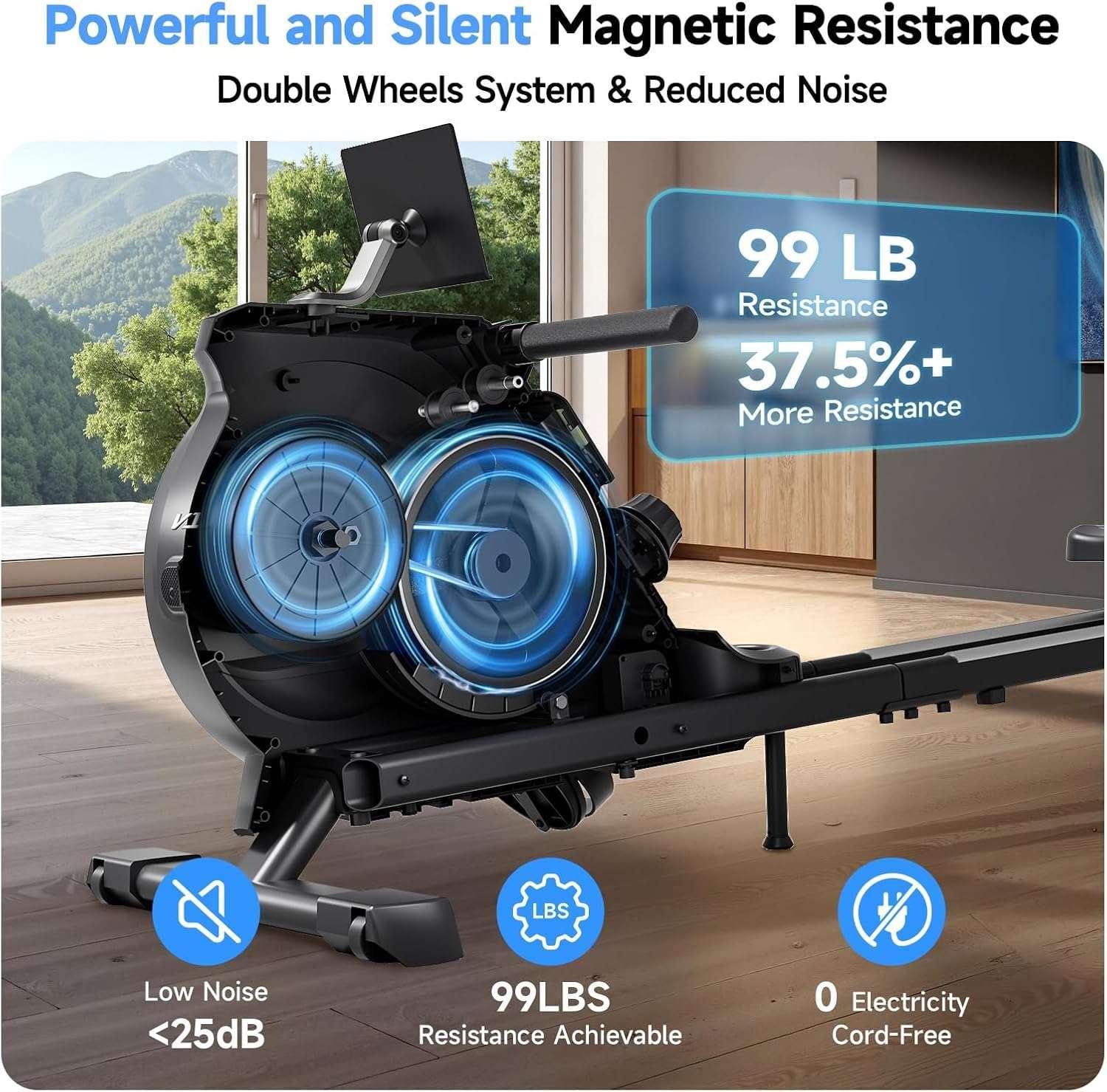 SmartVoro Elite magnetic rowing machine for home use with a pivoting tablet holder and professional-grade silent magnetic resistance system.
