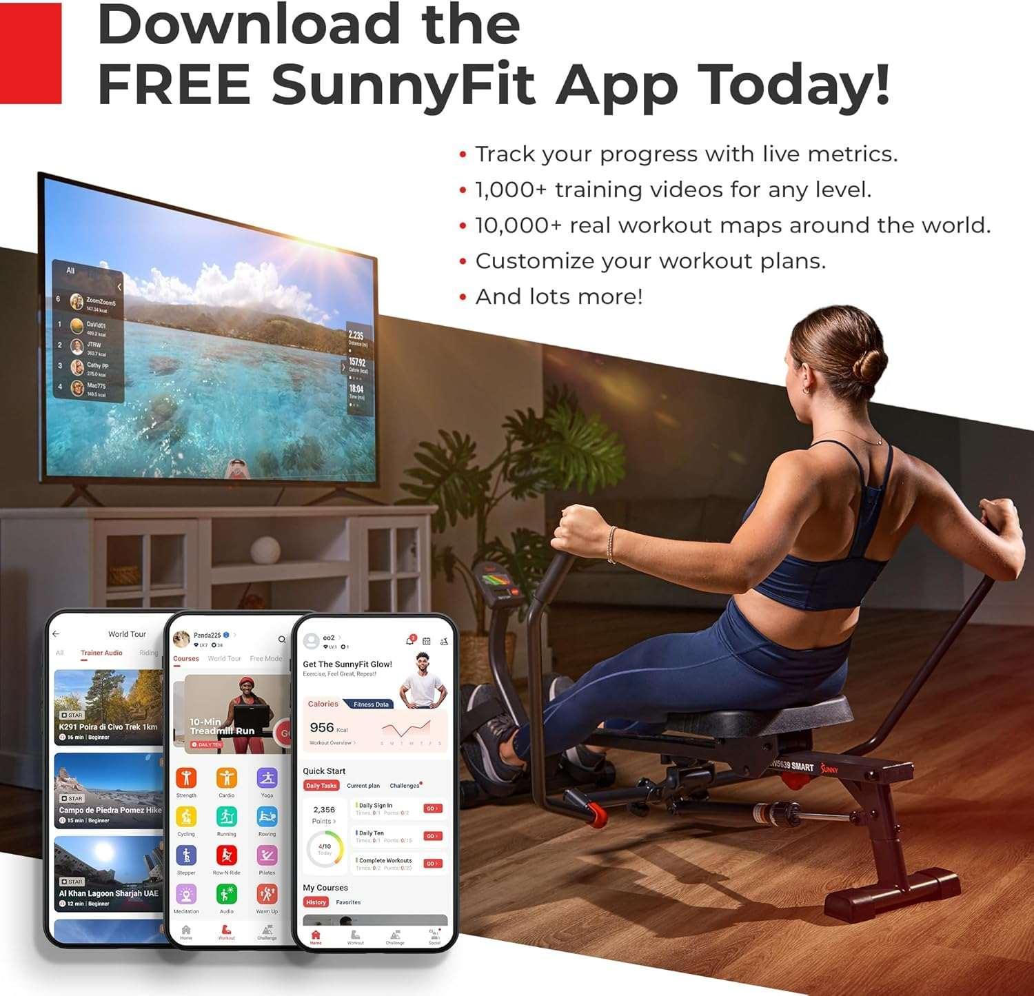 SmartVoro SF-RW1205 Smart hydraulic rowing machine for home gym, compact seated row machine with Bluetooth connectivity for fitness tracking.