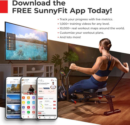 SmartVoro SF-RW1205 Smart hydraulic rowing machine for home gym, compact seated row machine with Bluetooth connectivity for fitness tracking.
