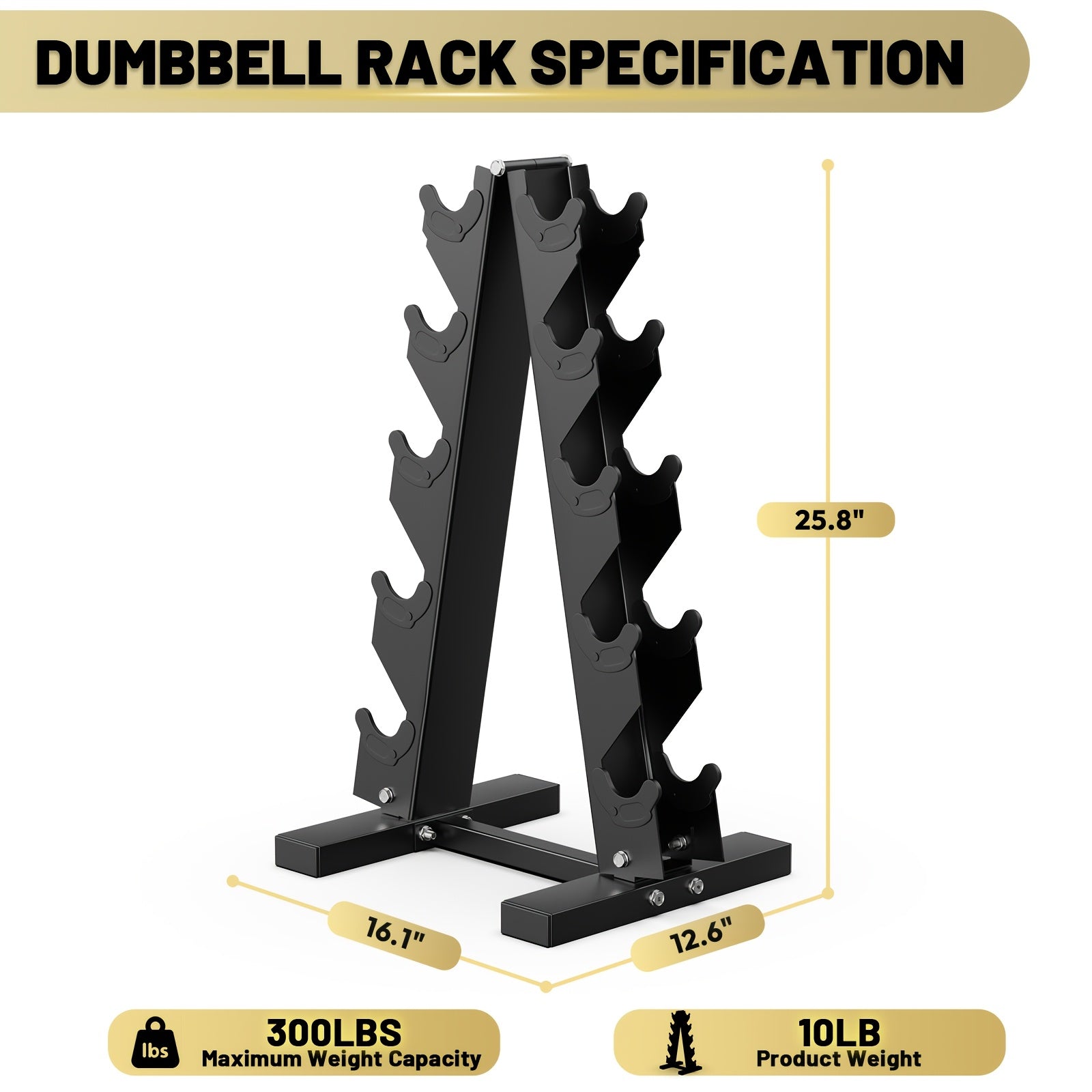SmartVoro 200 lb hex dumbbell set with rack side view — 3-tier A-frame reinforced steel USA shipping