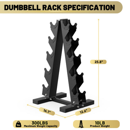 SmartVoro 200 lb hex dumbbell set with rack side view — 3-tier A-frame reinforced steel USA shipping