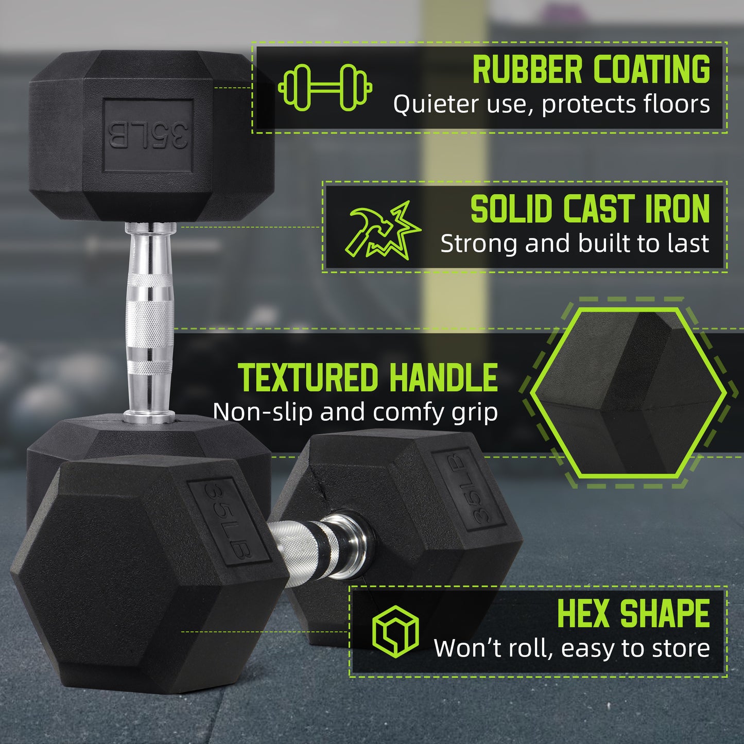SmartVoro 20lb dumbbell hex head detail — 
        floor-safe rubber coating for home gym