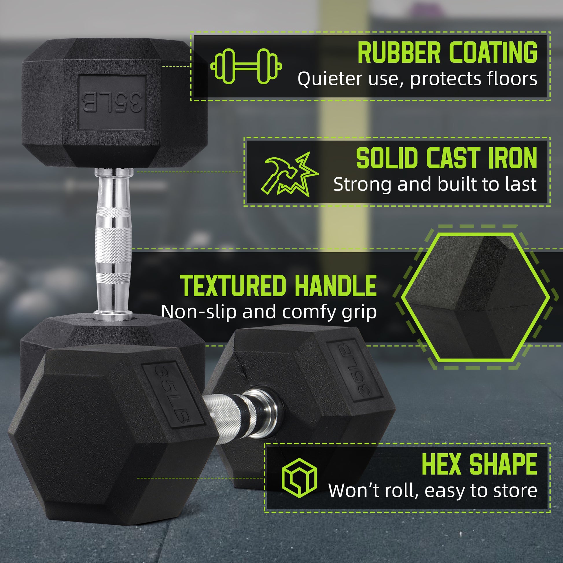 SmartVoro 20lb dumbbell hex head detail — 
        floor-safe rubber coating for home gym