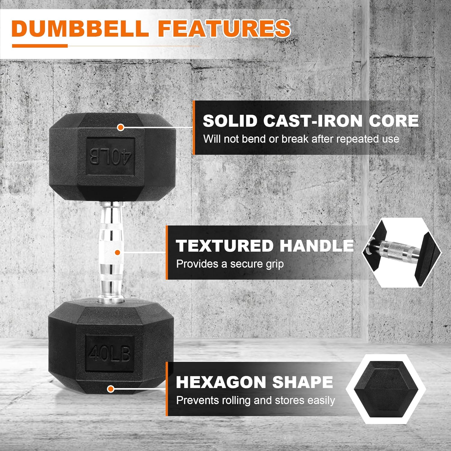 SmartVoro 40 pound dumbbells extra-thick hex rubber head — commercial grade heavy dumbbell
weights
