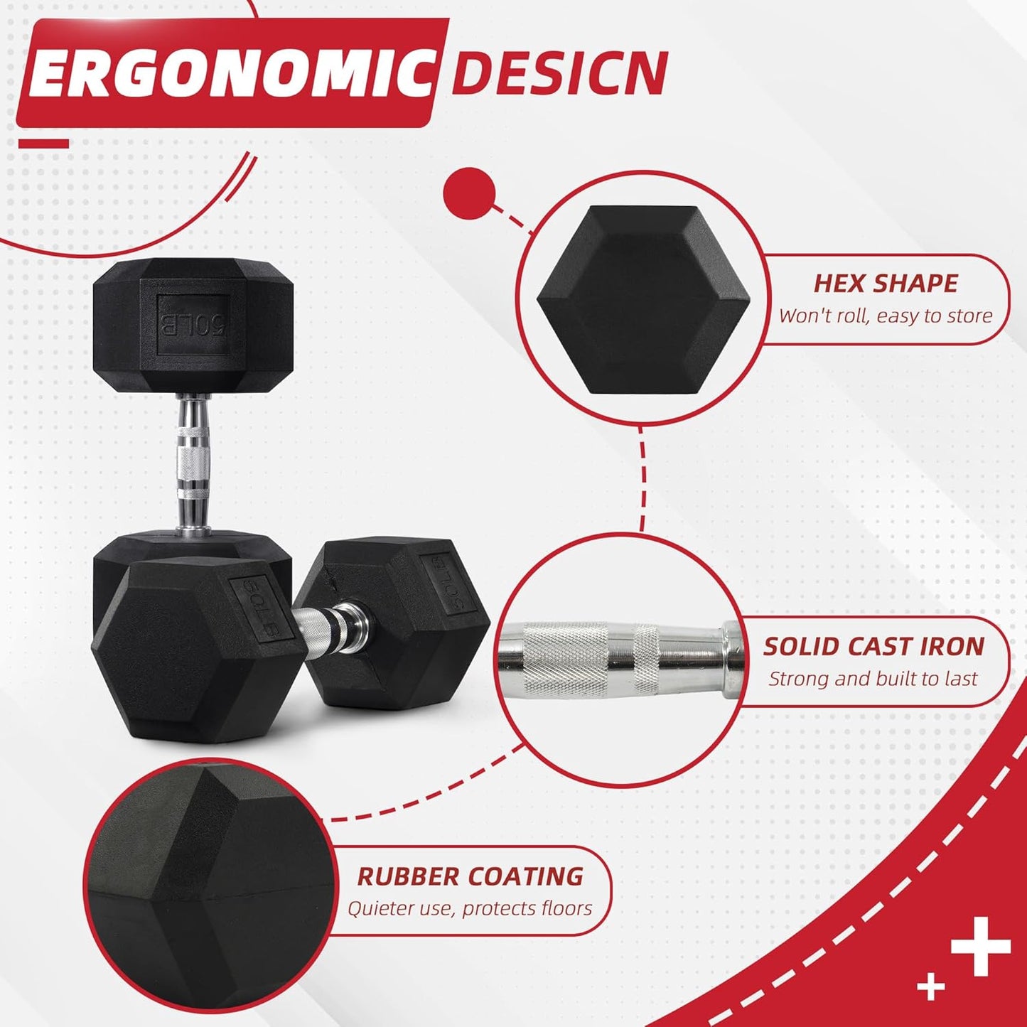 SmartVoro 50 pound dumbbells maximum-gauge rubber hex head — heaviest rubber hex dumbbell
weights side view