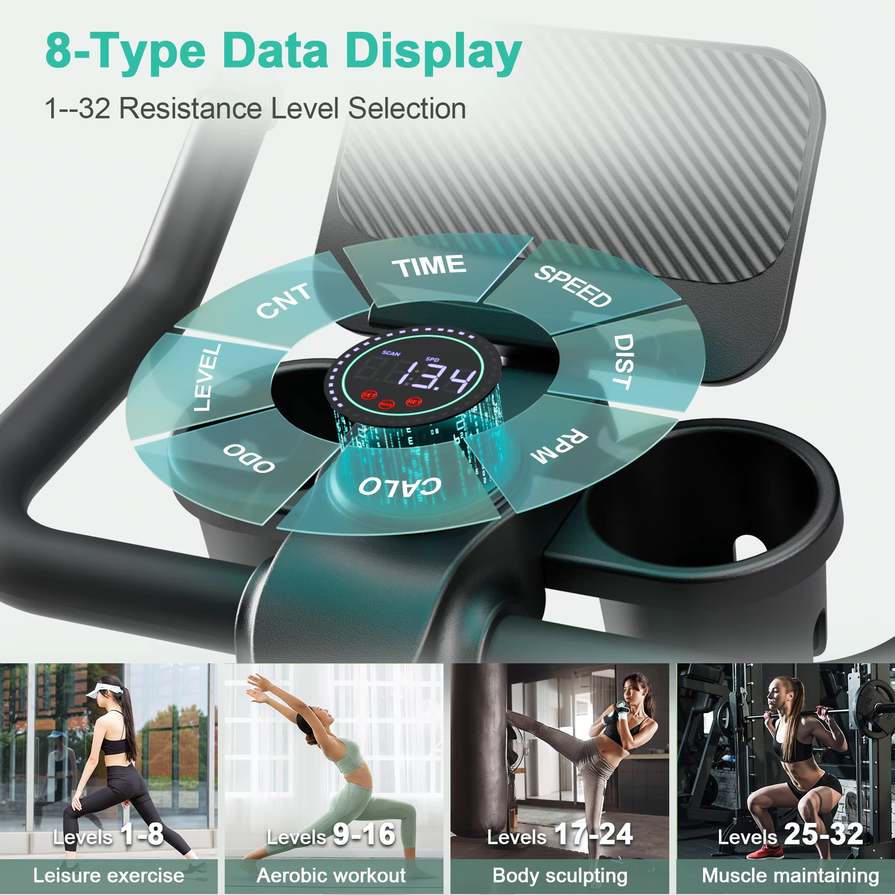SmartVoro CycleX Pro™ indoor cycling exercise bike full view with tablet holder dual cup holders and adjustable foot pedals with straps