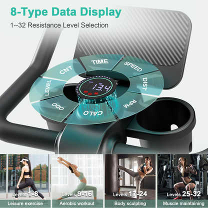 SmartVoro CycleX Pro™ indoor cycling exercise bike full view with tablet holder dual cup holders and adjustable foot pedals with straps