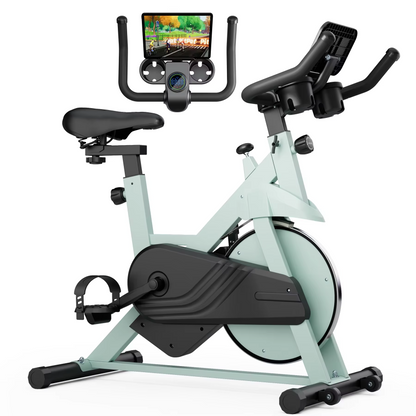 SmartVoro CycleX Pro™ indoor exercise bike mint green upright stationary bike with 4-way adjustable seat and 2-way adjustable handlebars for home gym