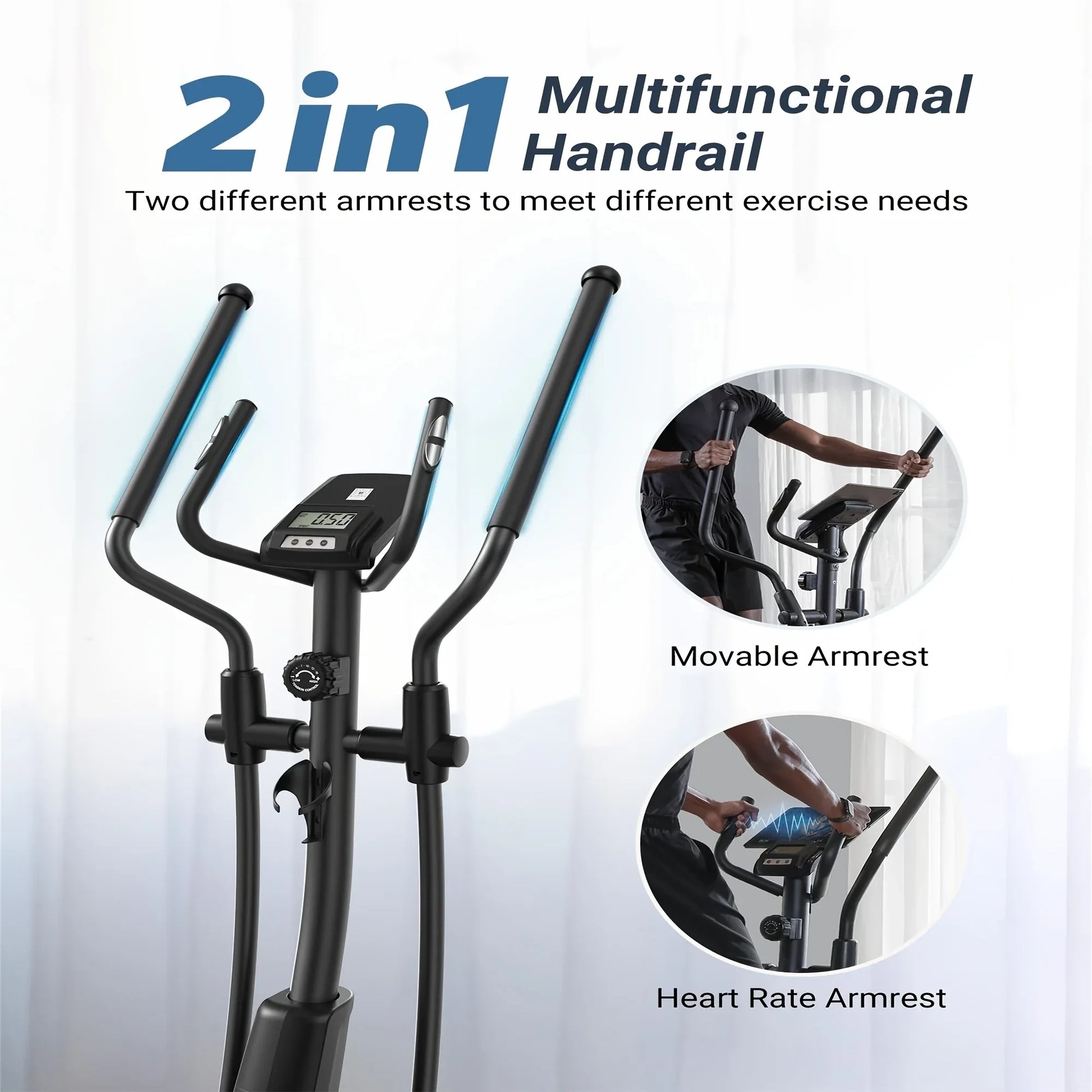 SmartVoro Elite elliptical machine side view – professional black chrome home gym elliptical with 16-level magnetic resistance and chrome handlebars