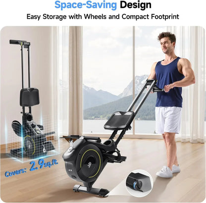 SmartVoro Elite magnetic rowing machine for home use with a pivoting tablet holder and professional-grade silent magnetic resistance system.