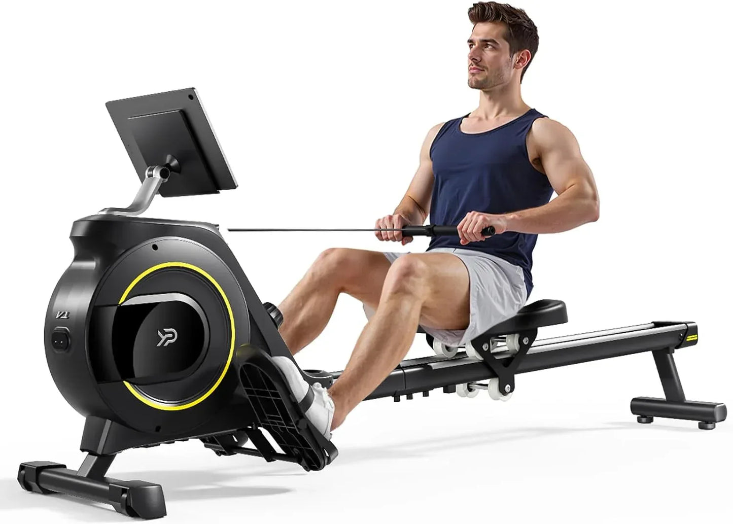 SmartVoro Elite magnetic rowing machine for home use with a pivoting tablet holder and professional-grade silent magnetic resistance system.