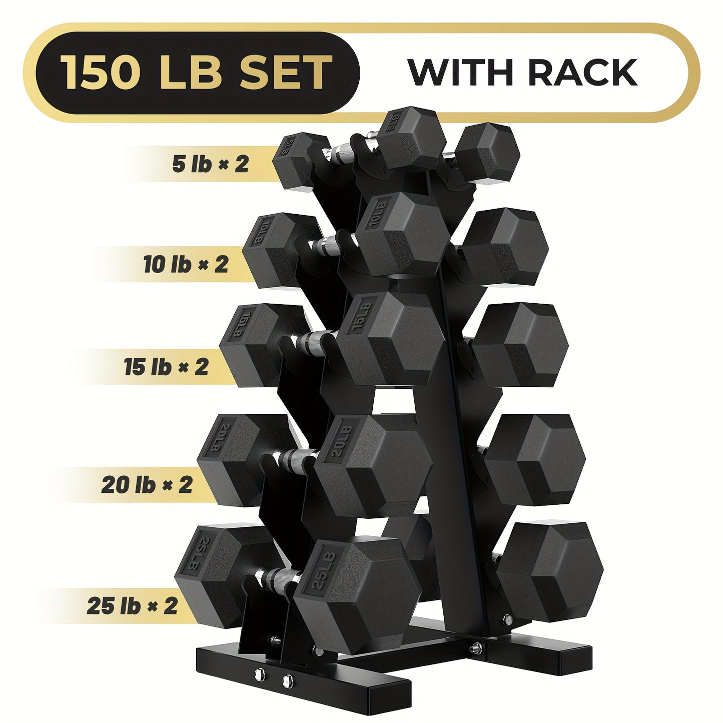 SmartVoro HexCore 150 lb rubber hex dumbbell set with rack — 5 pairs 5 to 25 lbs A-frame stand home gym USA