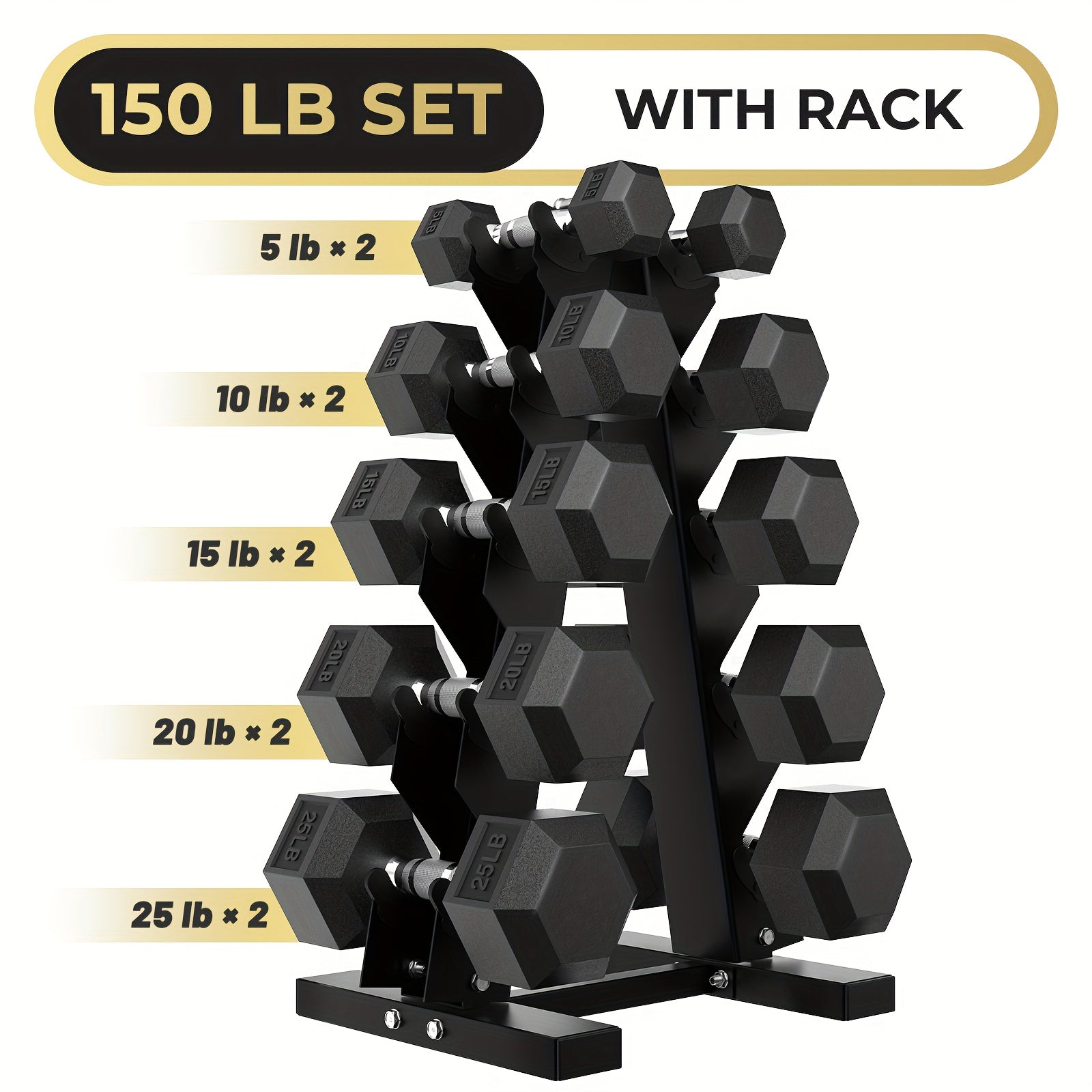 SmartVoro HexCore 150 lb rubber hex dumbbell set with rack — 5 pairs 5 to 25 lbs A-frame stand home gym USA