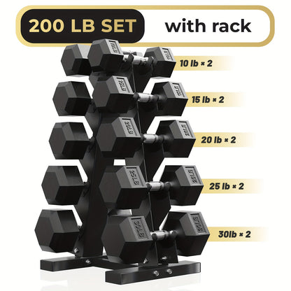 SmartVoro IronGrip 200 lb rubber hex dumbbell set with rack — 10 15 20 25 30 lbs 5 pairs A-frame stand