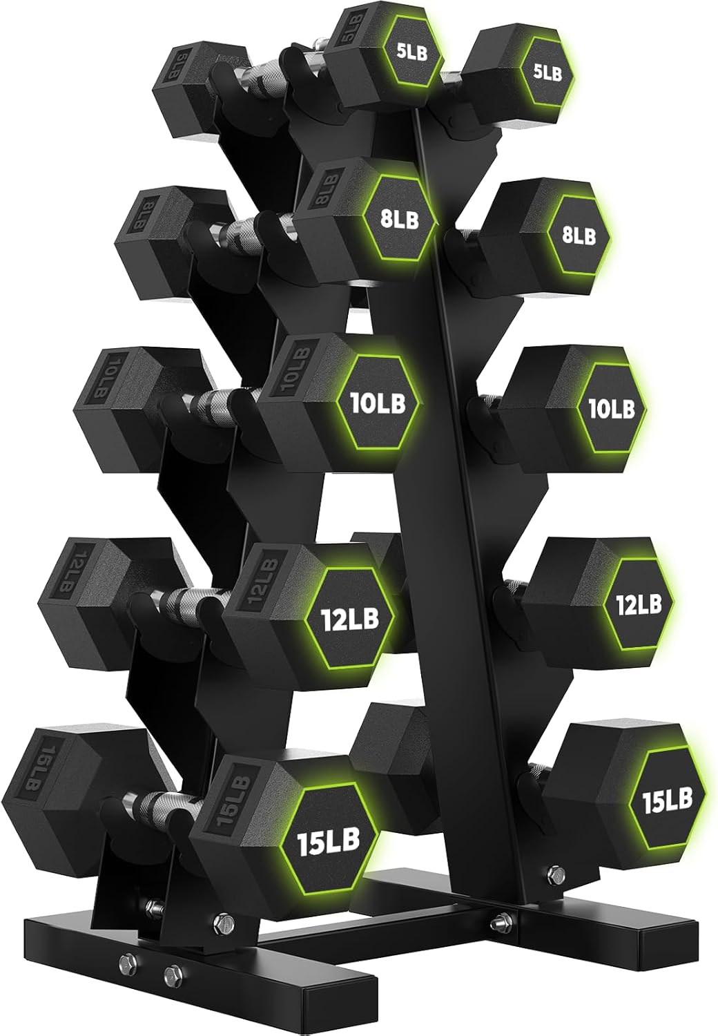 SmartVoro PrecisionFlex Neon 100 lb rubber hex dumbbell set with rack — 5 8 10 12 15 lbs 5 pairs neon green hex markers A-frame stand USA
