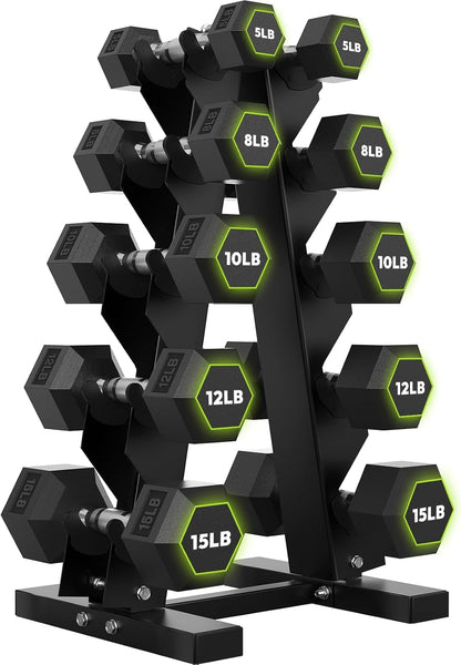 SmartVoro PrecisionFlex Neon 100 lb rubber hex dumbbell set with rack — 5 8 10 12 15 lbs 5 pairs neon green hex markers A-frame stand USA
