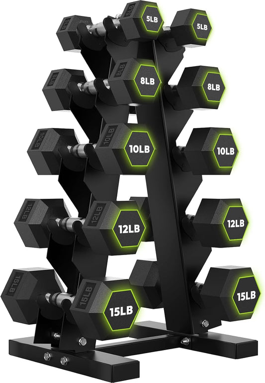 SmartVoro PrecisionFlex Neon 100 lb rubber hex dumbbell set with rack — 5 8 10 12 15 lbs 5 pairs neon green hex markers A-frame stand USA
