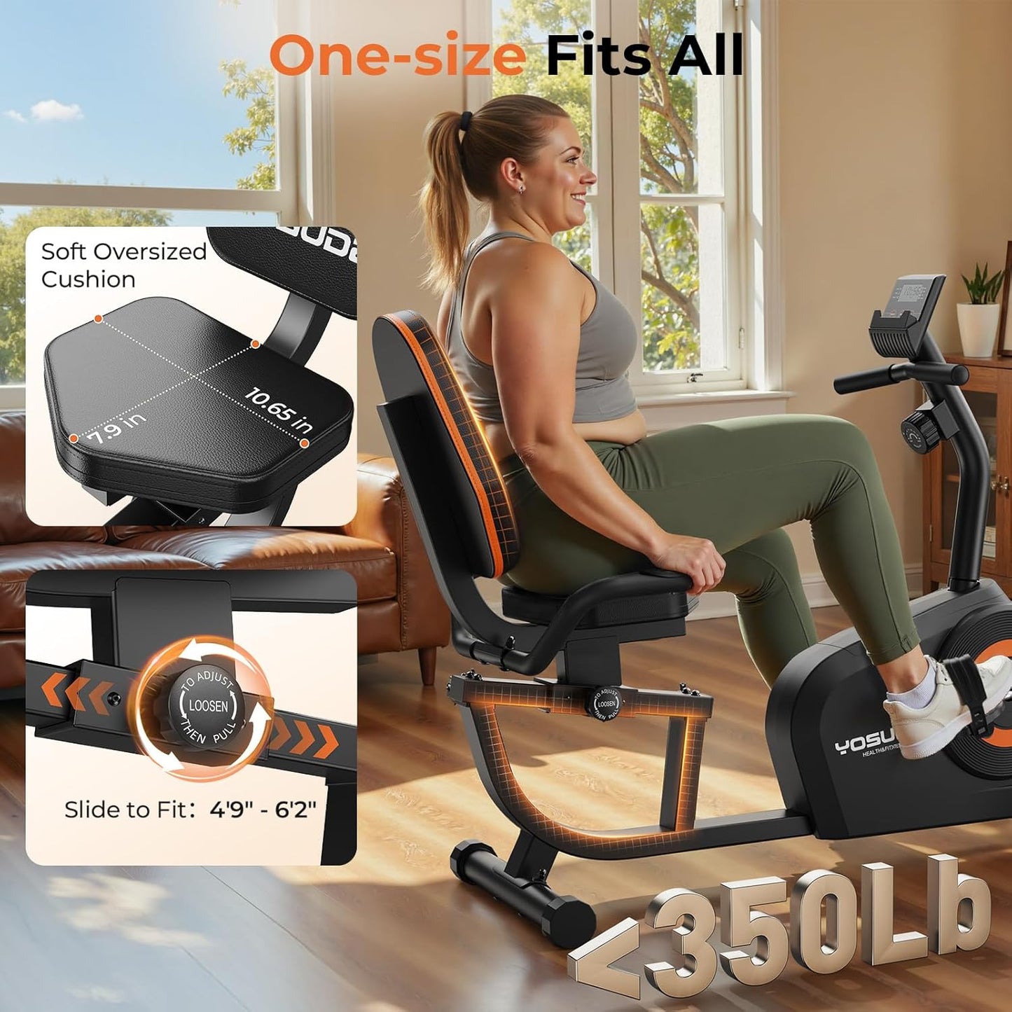 SmartVoro ReclineX LowRide recumbent exercise bike soft oversized cushion 10.65 by 7.9 inch seat slides to fit 4ft9 to 6ft2 height 350 lbs capacity