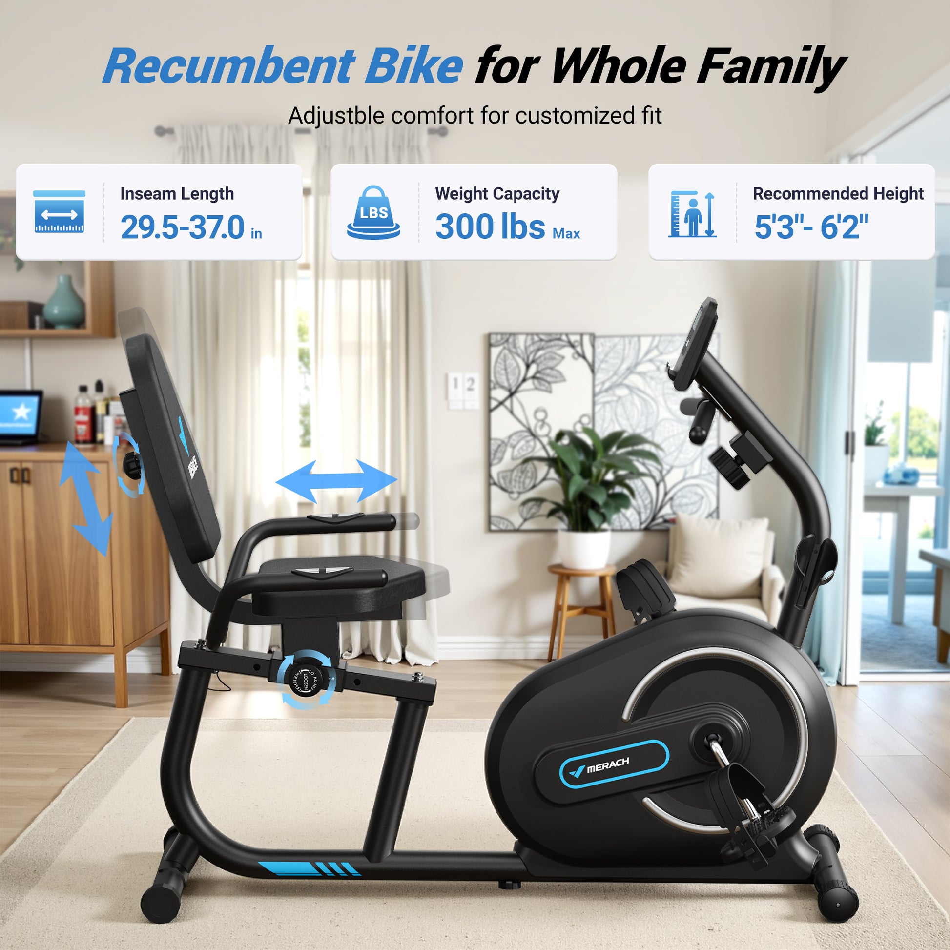 SmartVoro ReclineX Pulse best recumbent exercise bike whole family fit inseam 29.5 to 37 inches 300 lbs capacity height 5ft3 to 6ft2 adjustable seat