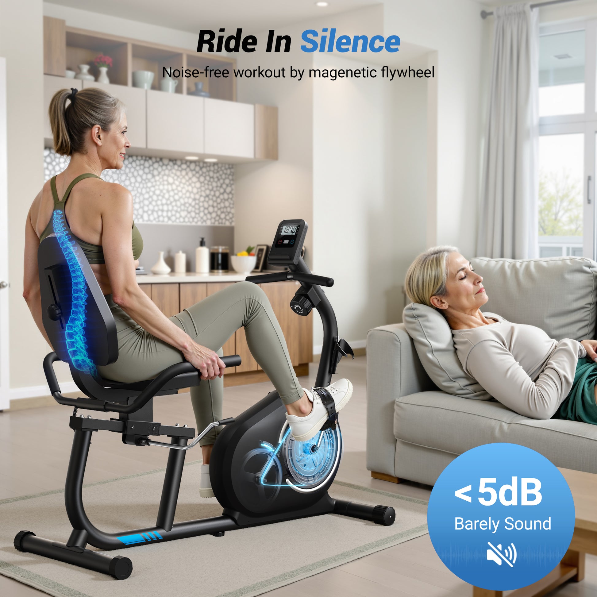 SmartVoro ReclineX Pulse magnetic recumbent exercise bike under 5dB barely sound noise-free workout magnetic flywheel lumbar spine support