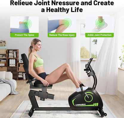 SmartVoro ReclineX SafeGuard recumbent exercise bike 8-level adjustable resistance meets diverse fitness needs seniors rehab obesity green tension control