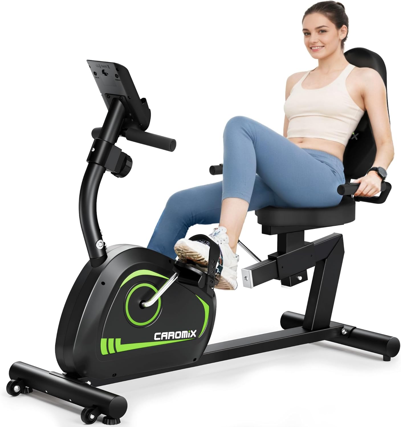 SmartVoro ReclineX SafeGuard recumbent exercise bike under 5dB silent smooth quiet exercise experience green accent black home gym