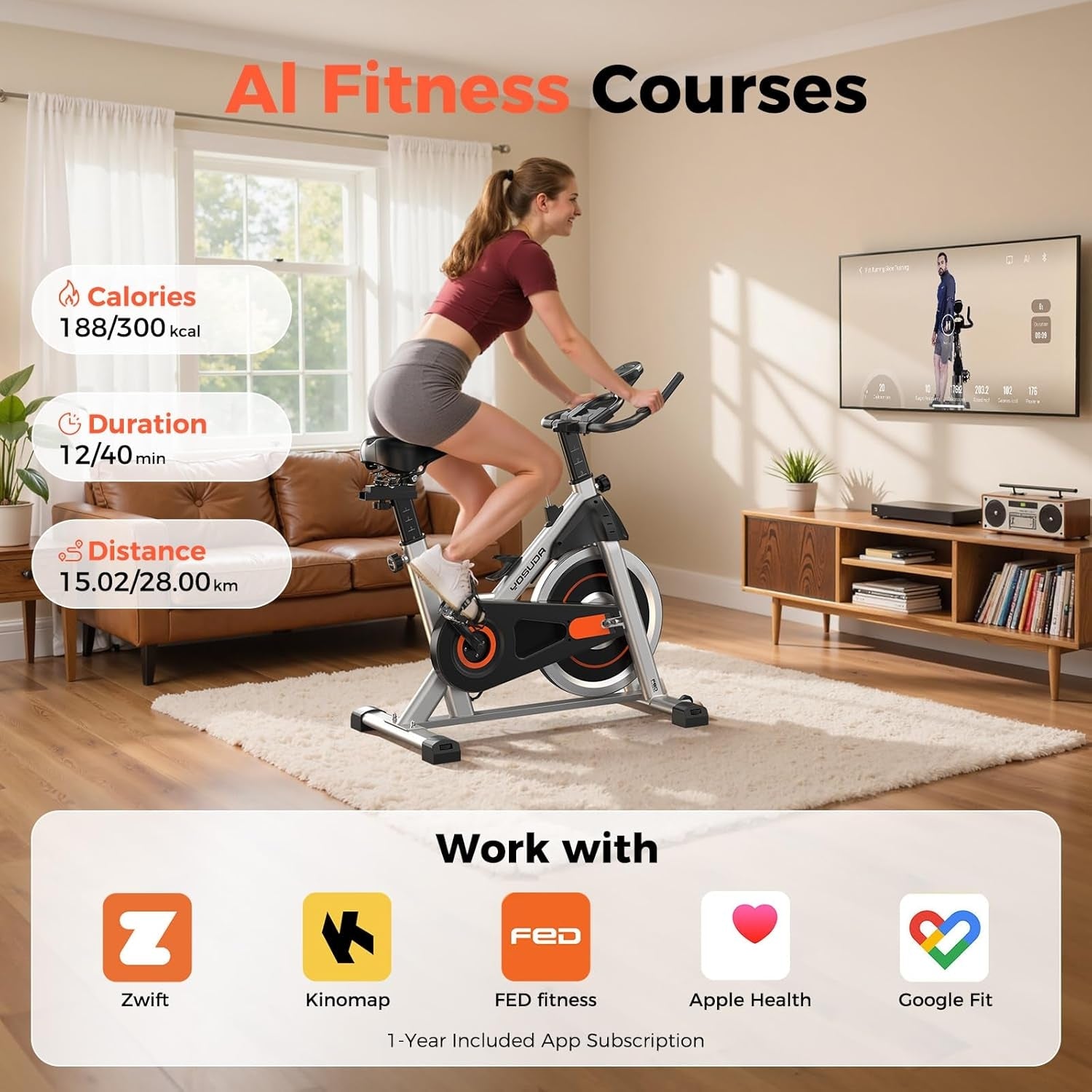 SmartVoro RideX Pro indoor exercise bike AI fitness courses Zwift Kinomap FED fitness Apple Health Google Fit 1-year app subscription included