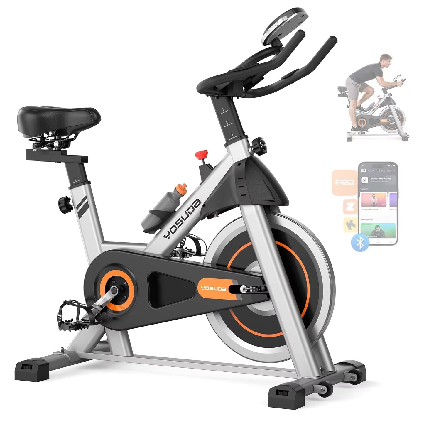 SmartVoro RideX Pro indoor exercise bike silver upright stationary bike with Bluetooth app connectivity Zwift Kinomap for home gym cardio