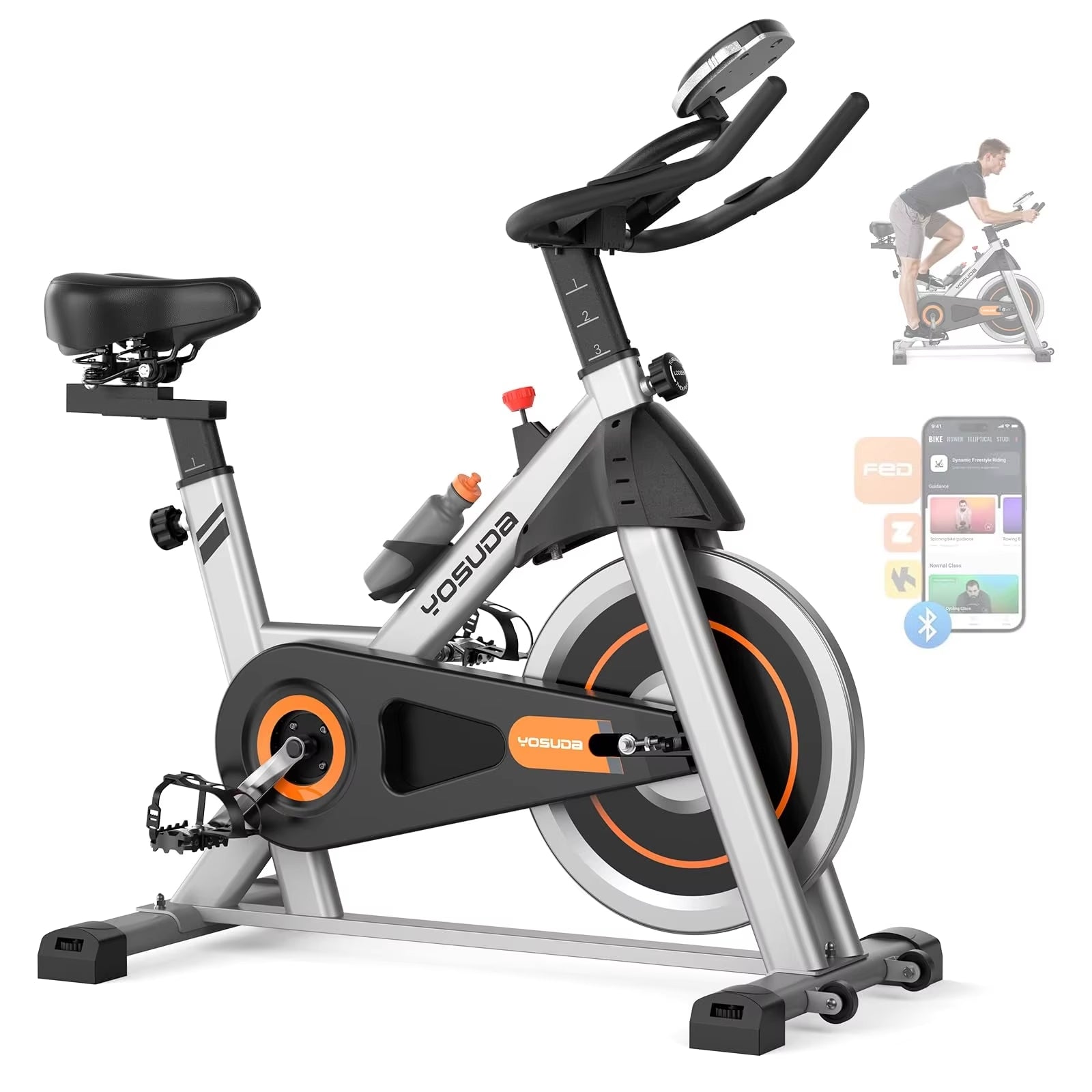 SmartVoro RideX Pro indoor exercise bike silver upright stationary bike with Bluetooth app connectivity Zwift Kinomap for home gym cardio