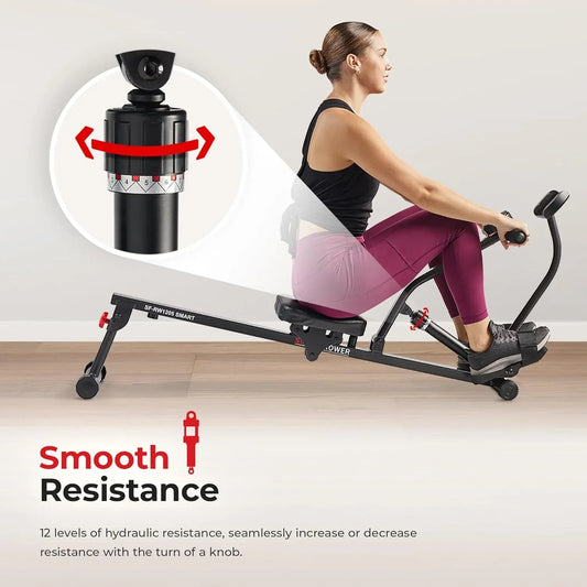 SmartVoro SF-RW1205 Smart hydraulic rowing machine for home gym, compact seated row machine with Bluetooth connectivity for fitness tracking.