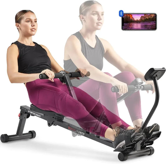 SmartVoro SF-RW1205 Smart hydraulic rowing machine for home gym, compact seated row machine with Bluetooth connectivity for fitness tracking.