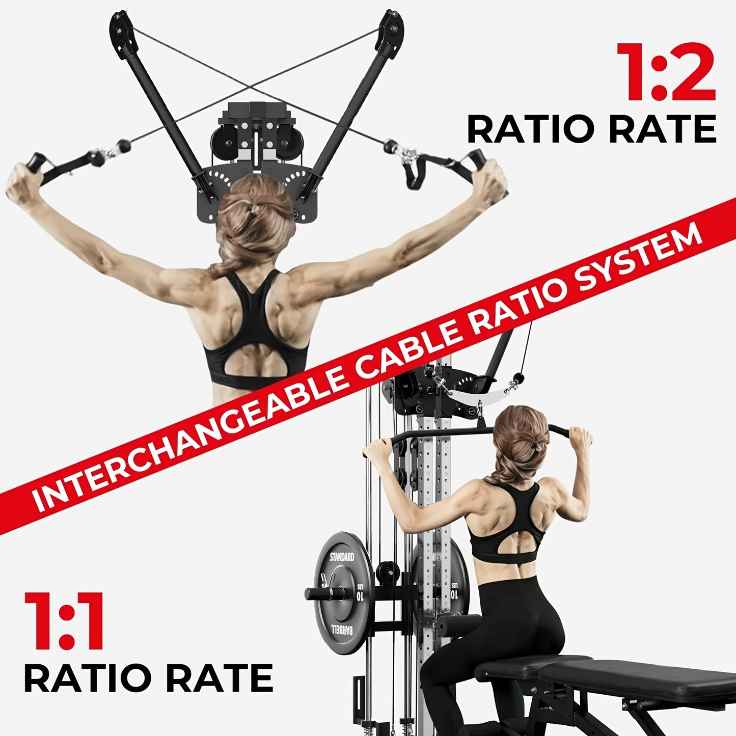 SmartVoro cable crossover machine ergonomic design with detachable adapter fitting 1 inch and 2 inch weight plates and multiple cable handles included for personalized training