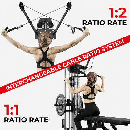 SmartVoro cable crossover machine ergonomic design with detachable adapter fitting 1 inch and 2 inch weight plates and multiple cable handles included for personalized training