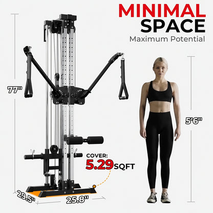 SmartVoro cable crossover machine showing 59 inch arm width and 89.4 inch total height for longer cable path and stronger muscle stimulation during cable crossover exercises