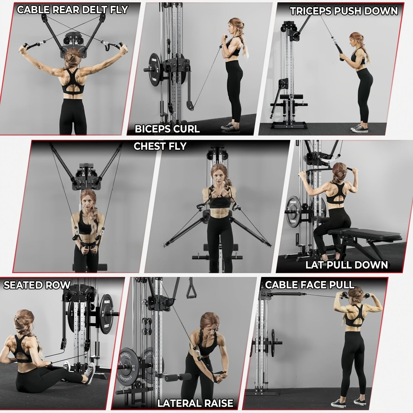 SmartVoro dual upright cable crossover machine full package showing 400 pound weight capacity 45 plus cable training exercises and all included attachments lat bar straight bar D handles curved bar spring clips and carabiners