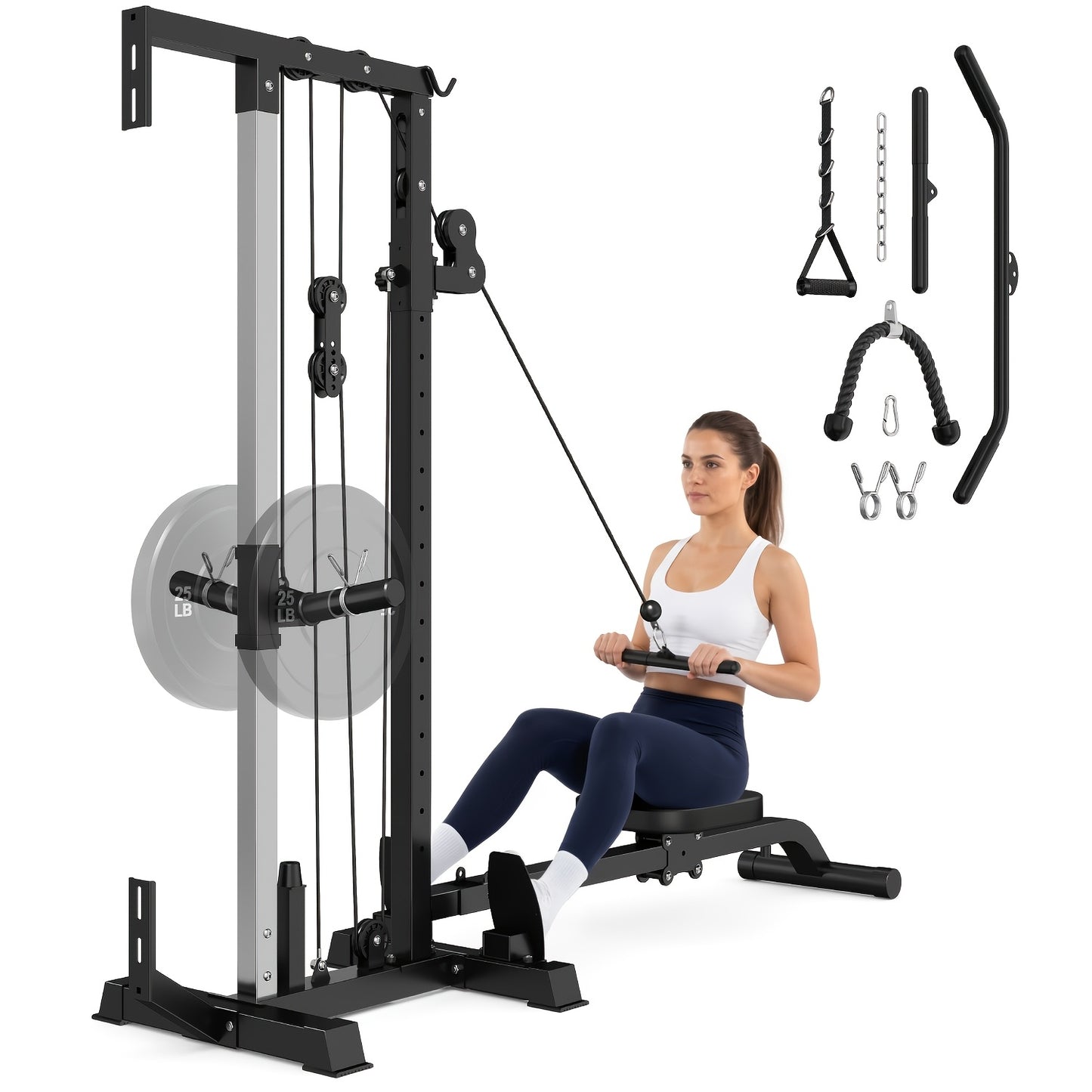 SmartVoro wall mounted cable machine showing full body workout exercises including lat pulldown, low row, cable crossover and seated cable row for home gym