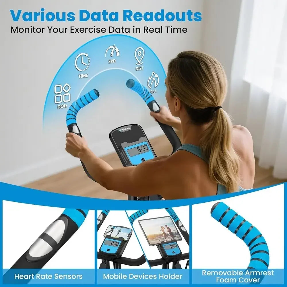 Smartvoro 3-in-1 foldable stationary exercise bike full view with back support seat resistance bands and blue foam handlebar grips
